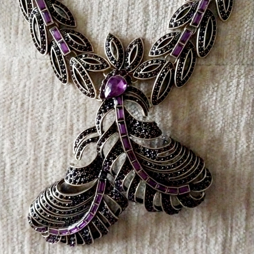 Purple Brass Tone Leaf Bib Statement Costume Necklace